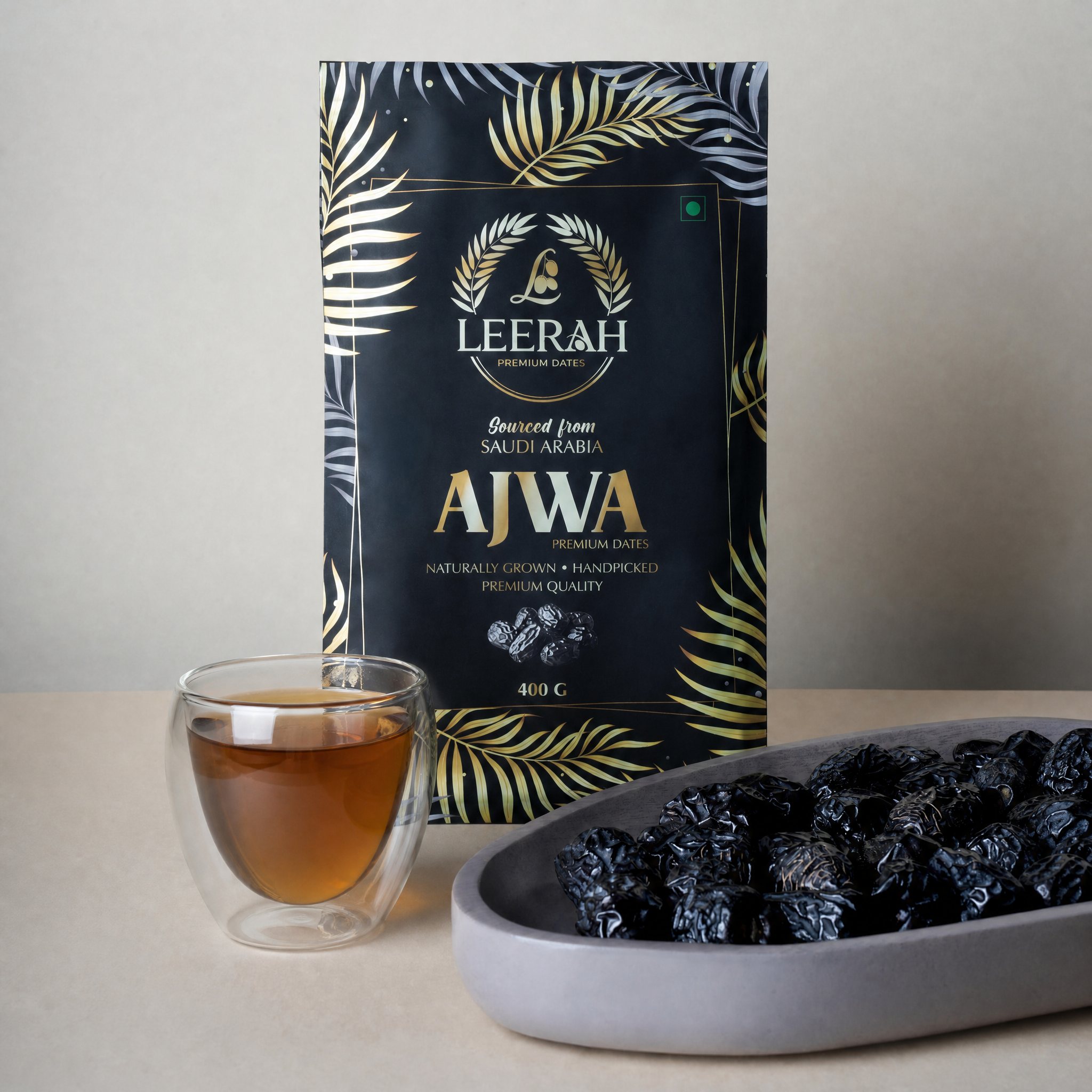 LEERAH Ajwa pouch with Arabic tea glass — a complete gifting experience